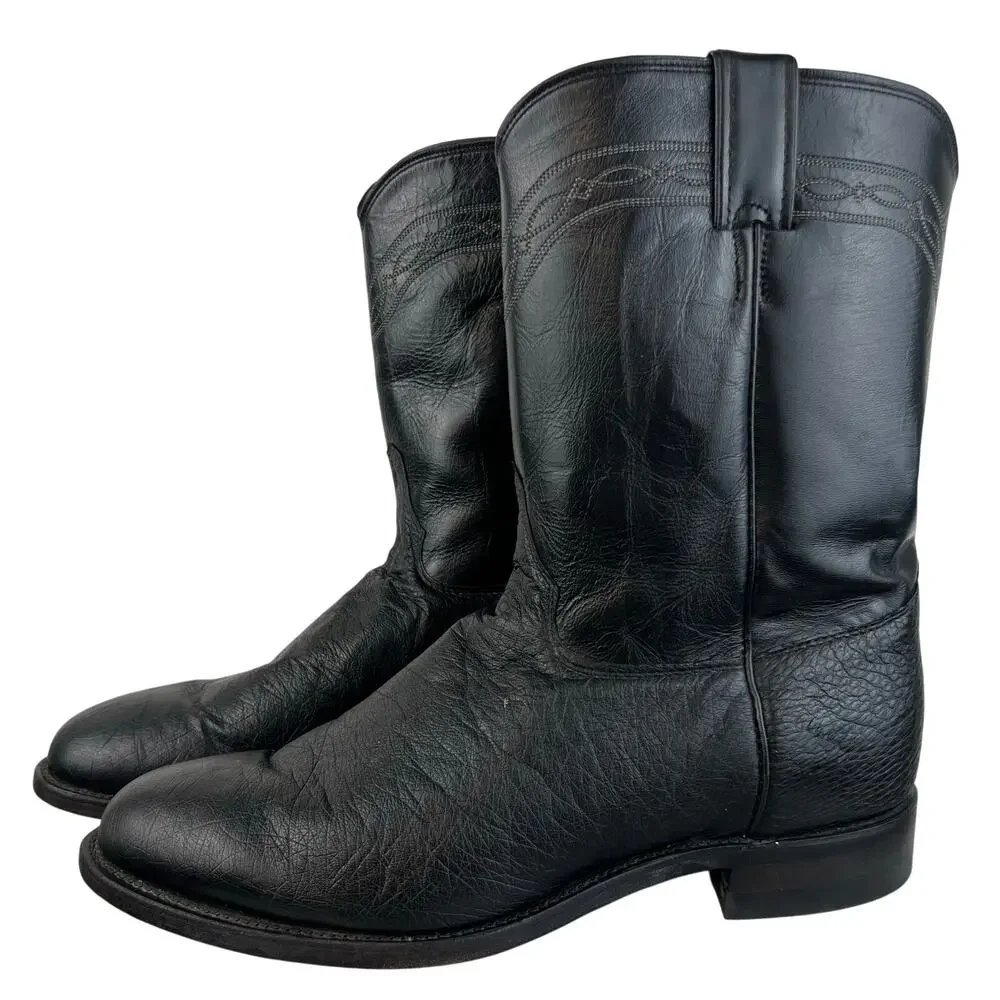 Justin 3172 Men's Exotic Roper Boot Black Smooth Ostrich Foot Roper Toe (Sz 11)